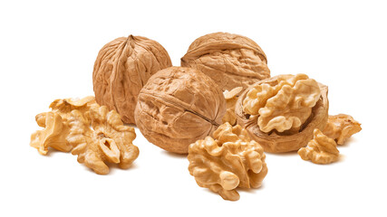 Wall Mural - Walnut nuts isolated on white background. Whole and shelled