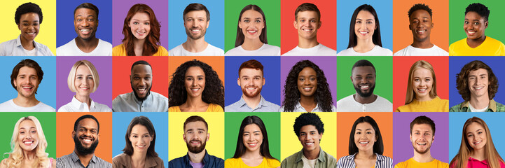  Human portraits set with men and women of various ages and races smiling and being happy on colorful studio backgrounds