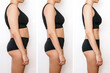 Three shots of a young woman with excess fat and toned slim body before, in the process and after losing weight isolated on a white background. Result of diet, liposuction, training. Profile