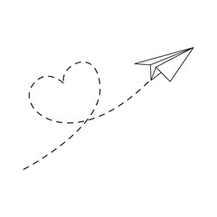 Poster - Paper airplane with line dotted route in heart shape. Sending message linear fold plane. Vector isolated on white.