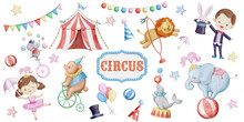 Cute Circus Watercolor Illustration Set. Circus Tent, Magician,  Elephant, Bear, Mouse, Rabbit, Sea Lion, Logo.