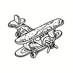  Wooden toy plane. Ink black and white doodle drawing in woodcut style