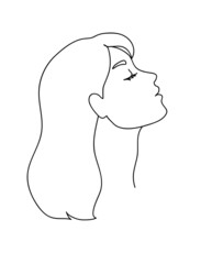 Wall Mural - Woman profile with long hair. Portrait female beauty concept. Continuous line drawing vector illustration