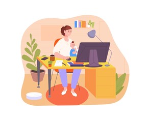 Poster - Mom working home. Freelance work, woman mother leave office, mum at computer table with kid child, maternity parent, family workplace, internet job