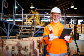 Wall Mural - Portrait of an industrial employee standing by production machines an holding thumbs up for successful results.