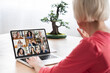 © InsideCreativeHouse - Elderly old senior businesswoman grandmother during online video call conference, blank laptop screen copy space, meeting , distant communication, remote workday concept. Back view