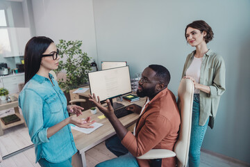 Wall Mural - Photo of smart expert lady in boardroom explain guy executive innovation economics progress ideas workstation