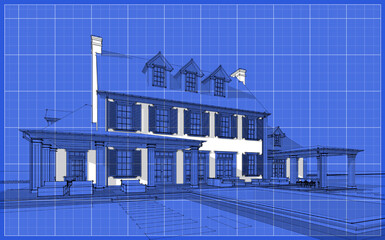 Wall Mural - 3d rendering of modern cozy classic house in colonial style with garage and pool for sale or rent with beautiful landscaping on background. Black line sketch with white spot and blueprint background