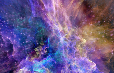 Wall Mural - Galaxy exploration through outer space 3D rendering illustration. Colourful nebulas, galaxies and stars in deep space, glowing gases and energy