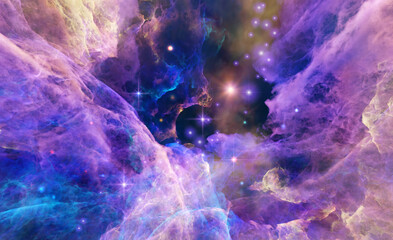 Wall Mural - Galaxy exploration through outer space 3D rendering illustration. Colourful nebulas, galaxies and stars in deep space, glowing gases and energy