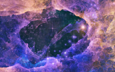 Wall Mural - Galaxy exploration through outer space 3D rendering illustration. Colourful nebulas, galaxies and stars in deep space, glowing gases and energy