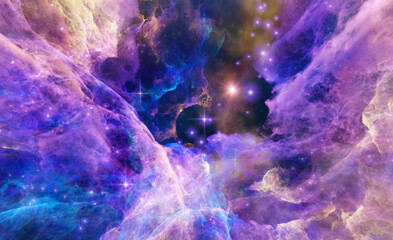 Wall Mural - Galaxy exploration through outer space 3D rendering illustration. Colourful nebulas, galaxies and stars in deep space, glowing gases and energy
