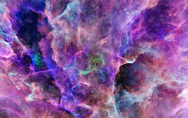 Wall Mural - Galaxy exploration through outer space 3D rendering illustration. Colourful nebulas, galaxies and stars in deep space, glowing gases and energy