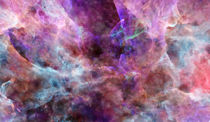 Wall Mural - Galaxy exploration through outer space 3D rendering illustration. Colourful nebulas, galaxies and stars in deep space, glowing gases and energy