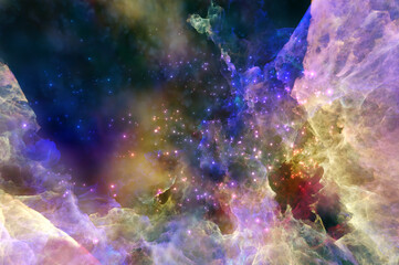 Wall Mural - Galaxy exploration through outer space 3D rendering illustration. Colourful nebulas, galaxies and stars in deep space, glowing gases and energy