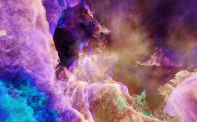 Wall Mural - Galaxy exploration through outer space 3D rendering illustration. Colourful nebulas, galaxies and stars in deep space, glowing gases and energy