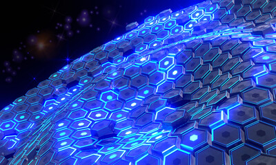 Wall Mural - Sci fi technology background, Futuristic sci-fi hexagons wave glowing with neon lights. 3D rendering illustration