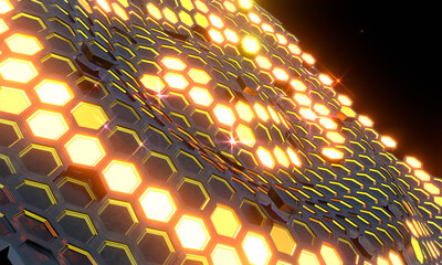 Wall Mural - Sci fi technology background, Futuristic sci-fi hexagons wave glowing with neon lights. 3D rendering illustration