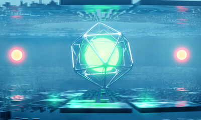 Wall Mural - Sci fi technology background, Futuristic sci-fi metal shapes, mother board, computer chip and glowing energy balls. Abstract technology background. 3D rendering illustration