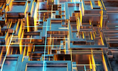 Wall Mural - Sci fi technology background, Futuristic sci-fi metal shapes and glowing lights. Abstract technology background. 3D rendering illustration