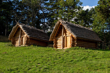 historic slavic dwelling on the molpir hill in the little carpathians. two wooden cottages with stra