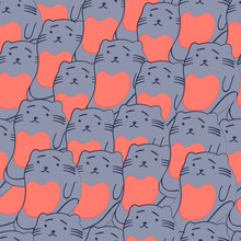 Cute Seamless Background With Funny Cats In Cartoon Style.