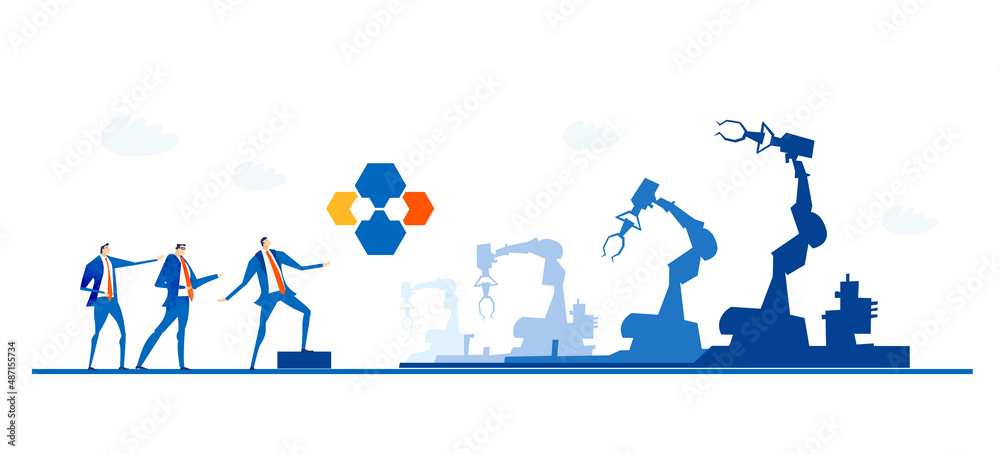 Robots Creating Stuff Robotic line. Business people and robot, people working with artificial ...