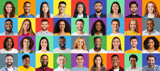 Portraits of multinational women and men of different races and ages smiling over colorful studio backgrounds, collage