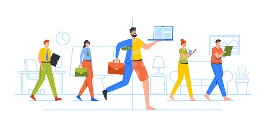 Wall Mural - Hybrid Work After Covid-19 Crisis, Employee Characters Choice to Work Remotely From Home, Business Men and Women
