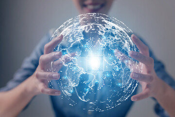 Poster - usinessman hand using map globe network hologram.Connecting the global business network with the network system