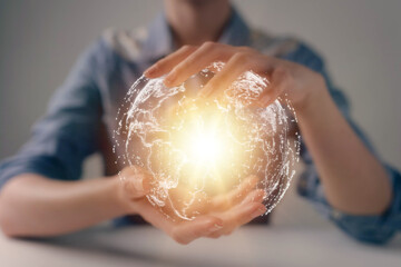 Poster - usinessman hand using map globe network hologram.Connecting the global business network with the network system