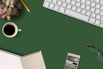 Poster - Desk office with laptop, blank notebook, coffee cup on a  table.