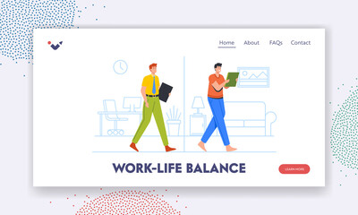 Wall Mural - Work Life Balance Landing Page Template. Distant Working from Home, Flexibility Concept. Male Character Hybrid Work