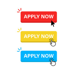 Aufkleber - apply now button web banner buttons with arrow mouse click icon and hand cursor icons in different colors red yellow blue color