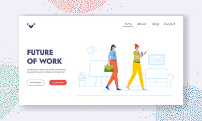 Wall Mural - Future of Work Landing Page Template. Female Character Hybrid Work, Woman at Separated Area Office and Home Interior