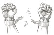 hands breaking steel shackles chain. Sketch vector