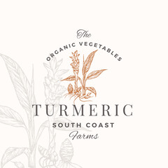 Wall Mural - turmeric plant abstract vector sign, symbol, logo template. hand drawn flower and root sketch sillho