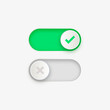 On Off toggle switch buttons, checkmark icons yes or no with switch slider in modern toggle, green tick and red cross symbols for user interface, apps and website