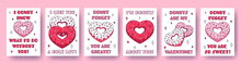 Set Of Valentine Day Donut Heart Cards With Pun Quotes About Love In Retro Cartoon Style. Love Vector Illustration For Favor Tags, Postcards, Greeting Cards, Posters, Or Banners.