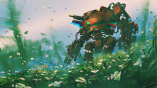 An Ancient Robot Standing In The Field Of Flowers, Digital Art Style, Illustration Painting