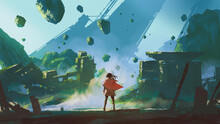 Man In The Red Robe Looking At The Ruins Of The Building In The Fantasy Land, Digital Art Style Illustration Painting