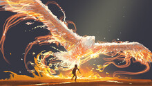 The Child Looking At The Phoenix Bird Flying Above Him, Digital Art Style, Illustration Painting