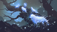 Night Scene Of Glowing Wolves In The Dark Forest, Digital Art Style, Illustration Painting