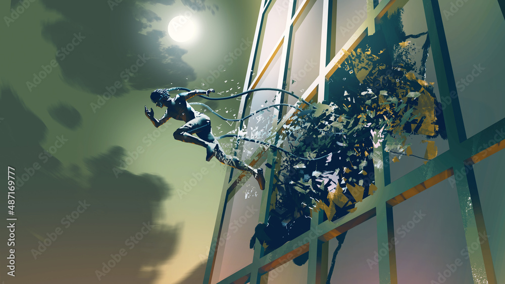 Futuristic human running breaking through the glass of the