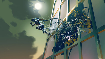 Futuristic human running breaking through the glass of the building in the night scene, digital art style, illustration painting