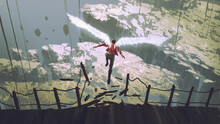 A Man With Magical Wings Jumping From A Wooden Bridge Flying Into The Sky Below, Digital Art Style, Illustration Painting