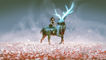 The Young Girl Sitting On Her Magic Stag With The Glowing Horns, Digital Art Style, Illustration Painting