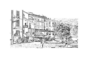 Building view with landmark of Menton is the 
commune in France. Hand drawn sketch illustration in vector.