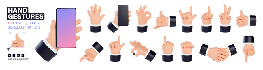 15 High quality 3D business hands gestures. Mega set with hands showing different gestures. Friendly funny cartoon style isolated on white background.
