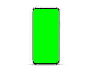 Leinwandbilder - Realistic smartphone with green chroma key touch screen background. Frameless mobile phone in front view. High quality detailed device mockup. Screen backdrop template. 3d Vector illustration.